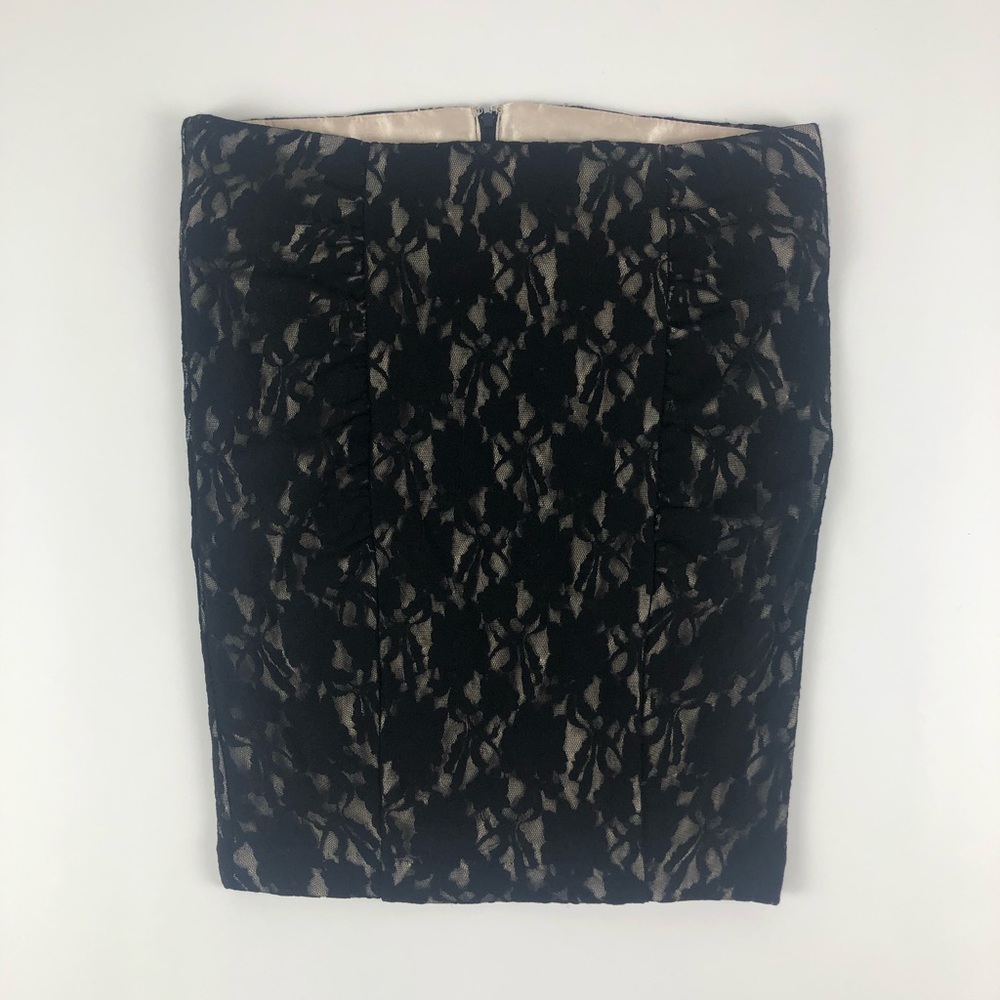 Stooshy Black Lace Ruched Mini Pencil Skirt